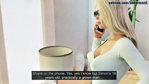 Sexy blonde therapist Shanti on phone in low-cut white sweater
