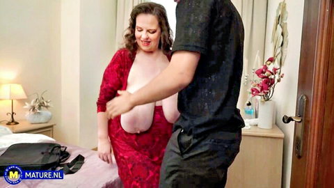 Bruno Baxter gropes massive breasts of fat XXL lady in red dress