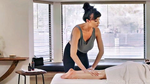 Alison Rey as sultry masseuse giving steamy leg massage to client