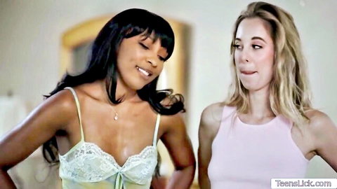 Vanessa Sky and blonde in steamy lesbian threesome lingerie tease