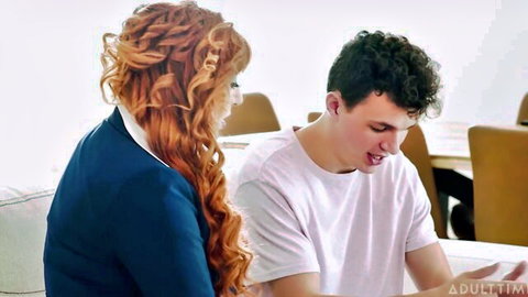 Lauren Phillips redhead MILF leans over Josh Rivers in office tease