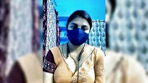 Indian-Indhuja in peach saree blouse and mask, teasing solo