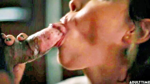 Asian beauty with long hair slurping huge black cock, lips stretched wide around thick shaft
