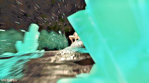 Glittery nude white babe with big tits spreads legs in glowing teal crystal cave video game scene