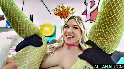 Jazlyn Ray in green fishnets, topless, legs spread wide for anal fun