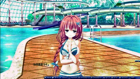 Anime girl Hiyori Shirakawa in blue bikini at poolside, arms crossed shyly