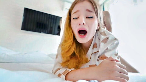 Blonde stepsister in pajamas moaning during rough encounter