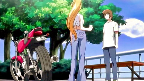 Blonde hentai sister in tight jeans teases brother outdoors by motorcycle