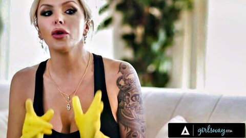 Lily Larimar in low-cut tank top and yellow gloves, teasing cleavage in Girlsway scene