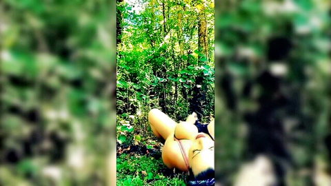 Nude blonde babe in forest spreads ass fucking wet pussy with thick yellow dildo outdoors