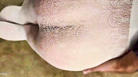 Pale round ass in white lace thong pulled aside exposing tight pink pussy and asshole spanked by hand
