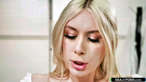 Seductive blonde babe with glossy parted lips and tongue out teasing for deepthroat blowjob