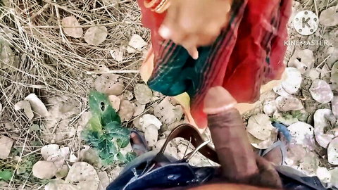 Indian woman in red saree lifts skirt for thick brown cock pussy penetration outdoors in forest