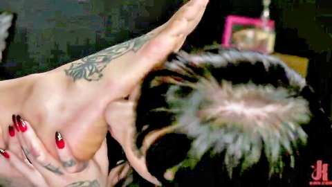 Casey Kisses and Charlotte Sartre foot fetish domination with tattooed foot on face