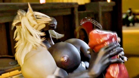 Anthro horse woman with huge dark breasts holding massive red dildo