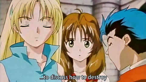 Anime hentai scene from Words Worth Ep.5 with blonde and brunette elf girls chatting with blue-haired warrior