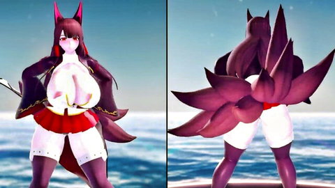 Anime fox girl Akagi in revealing skirt and stockings dancing seductively