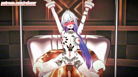 Jing Liu bound in white cuffs, exposed body art, legs spread in erotic anime pose