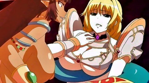 Anime blonde warrior in skimpy armor gropes busty elf girl's breasts in erotic embrace from Venus Blood hentai