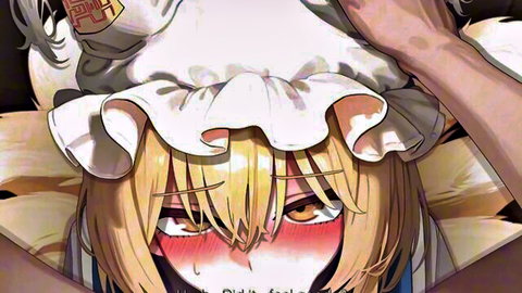 Blushing Yakumo Ran from Touhou, fox ears, skirt lifted by hand, aroused expression