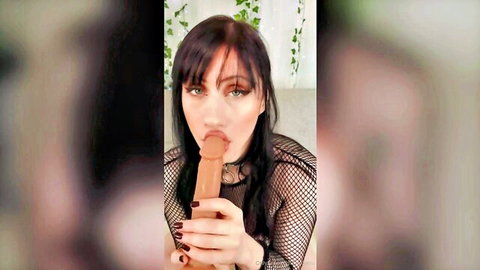 Leyna Inu black-haired vixen in sheer lingerie teases big brown dildo orally