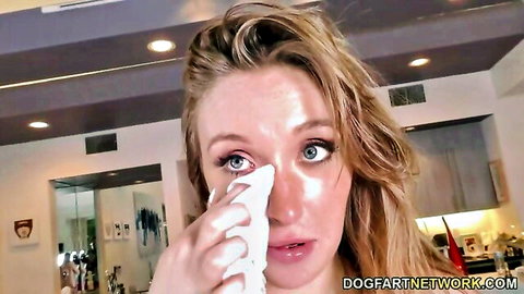 Harley Jade blonde wiping face post-interracial scene