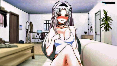 Busty white-haired hentai girl with deep cleavage spreads legs teasing on couch in tight tank top