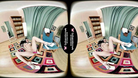 VR solo babe with big tits spreads shaved pussy wide fingering in pink high heels