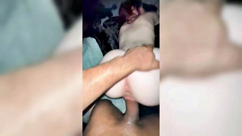 Blurry POV interracial creampie in doggy style with pale woman and dark man
