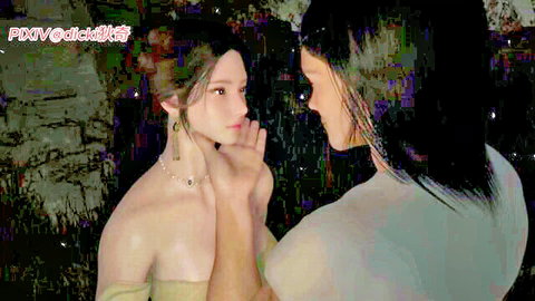 Two Asian women in elegant dresses sharing an intimate caress