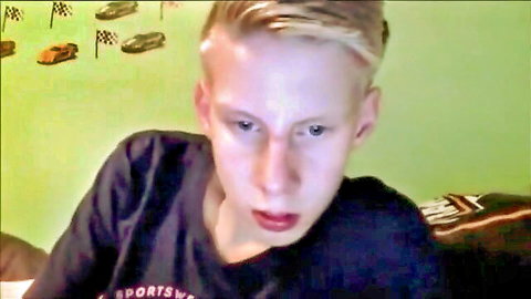 Cute blonde boy solo in bedroom, amateur style