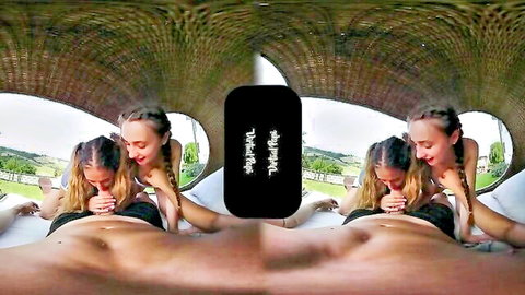 Three slim teen girls in bikinis touching intimately in VR poolside threesome