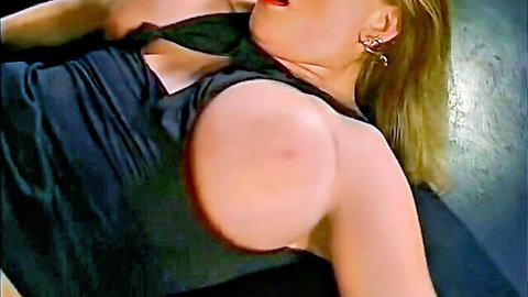 Blonde Zuzanna exposes huge natural tits in black top, cum addiction tease