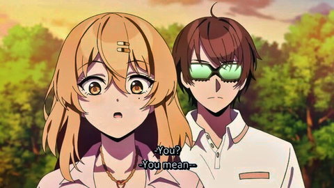 Blonde anime girl with glasses surprised beside brown-haired guy in Nukitashi 3 ecchi scene