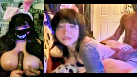 Punk cam girl with big natural tits plays with BBC dildo live