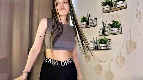 Mayaa_janee young shy teen model in gray crop top and black leggings