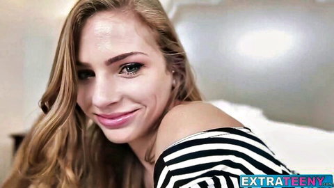 Sydney Cole petite blonde smiling in striped off-shoulder top