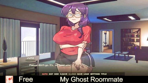 Seductive purple-haired anime ghost girl in tight red top and shorts from My Ghost Roommate eroge visual novel