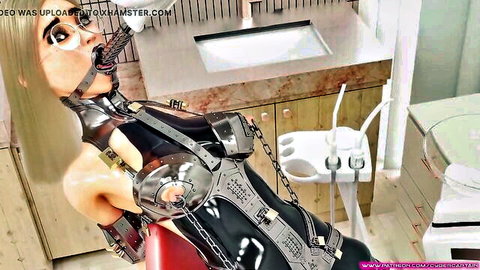 Blonde cute teen bound in metal gag and chains, dentist capture S&M fetish CG animation