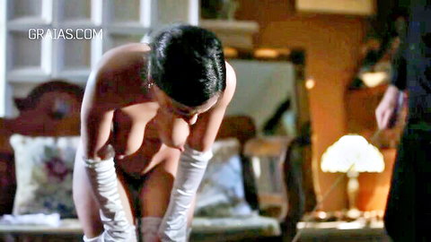 Ebony maid nude in white gloves, punished by suited man in bedroom