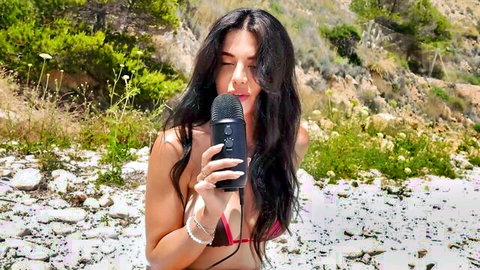 Emily Black in red bikini ASMR on beach, seductive girlfriend whispering to you