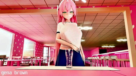 Busty pink-haired anime girl Hanako in revealing school uniform at counter