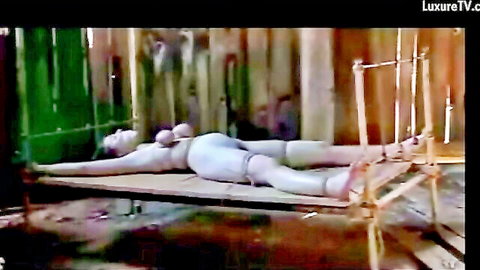 Nude bound slave woman restrained spread-eagle on wooden frame BDSM