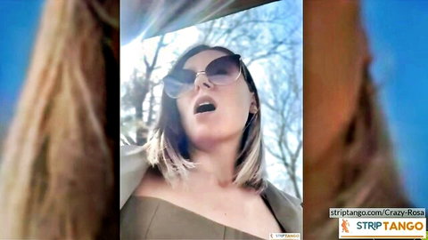 Crazy-Rosa provocative car tease, blonde with sunglasses open mouth showcase