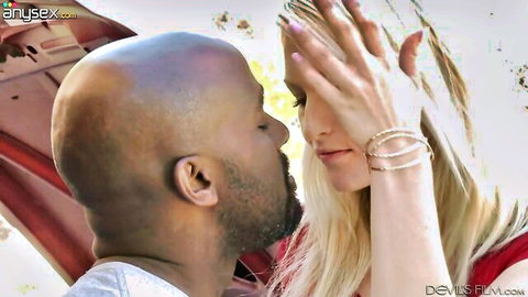 Skylar Madison seduces black neighbor with blonde hair in red dress