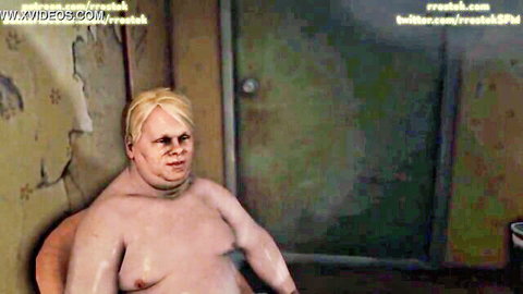 3D cartoon obese blonde man nude in motel gangbang scene with Lulu