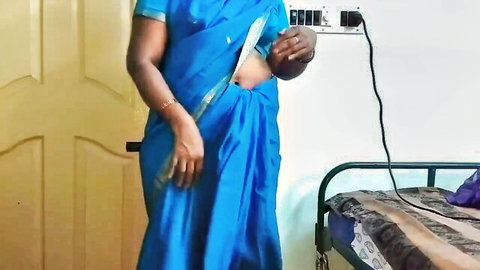 Indian sister-in-law in blue saree exposing midriff on wedding night