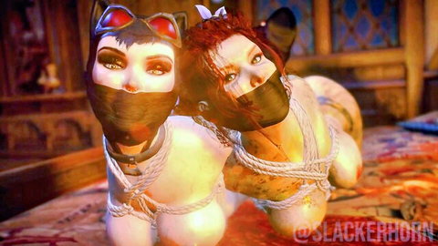 Poison Ivy and Catwoman hogtied in BDSM bondage, bare breasts exposed