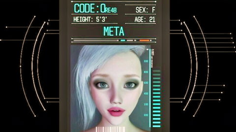 Sexy 3D CGI platinum blonde alien babe with green eyes and plump pink lips in sci-fi profile HUD