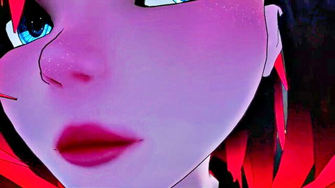 Seductive anime girl close-up with sparkling blue eyes glossy purple lips and pink skin